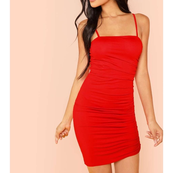 Red Solid Side Ruched Bodycon Cami Dress - Picture 4 of 7